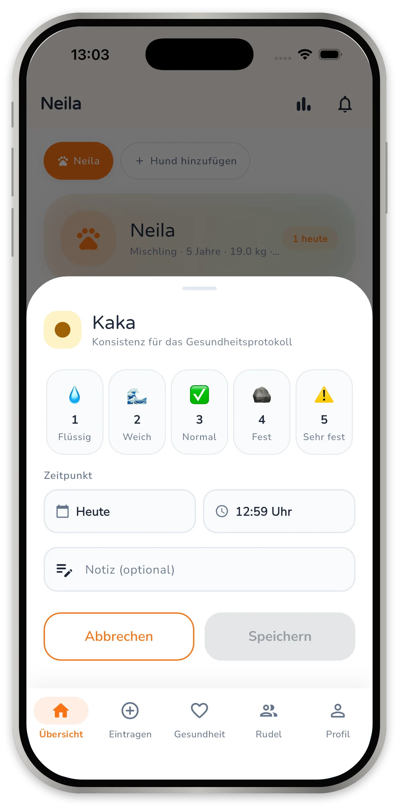 Eingabefenster für Kaka mit der fünfstufigen Konsistenz-Skala von flüssig bis sehr fest.