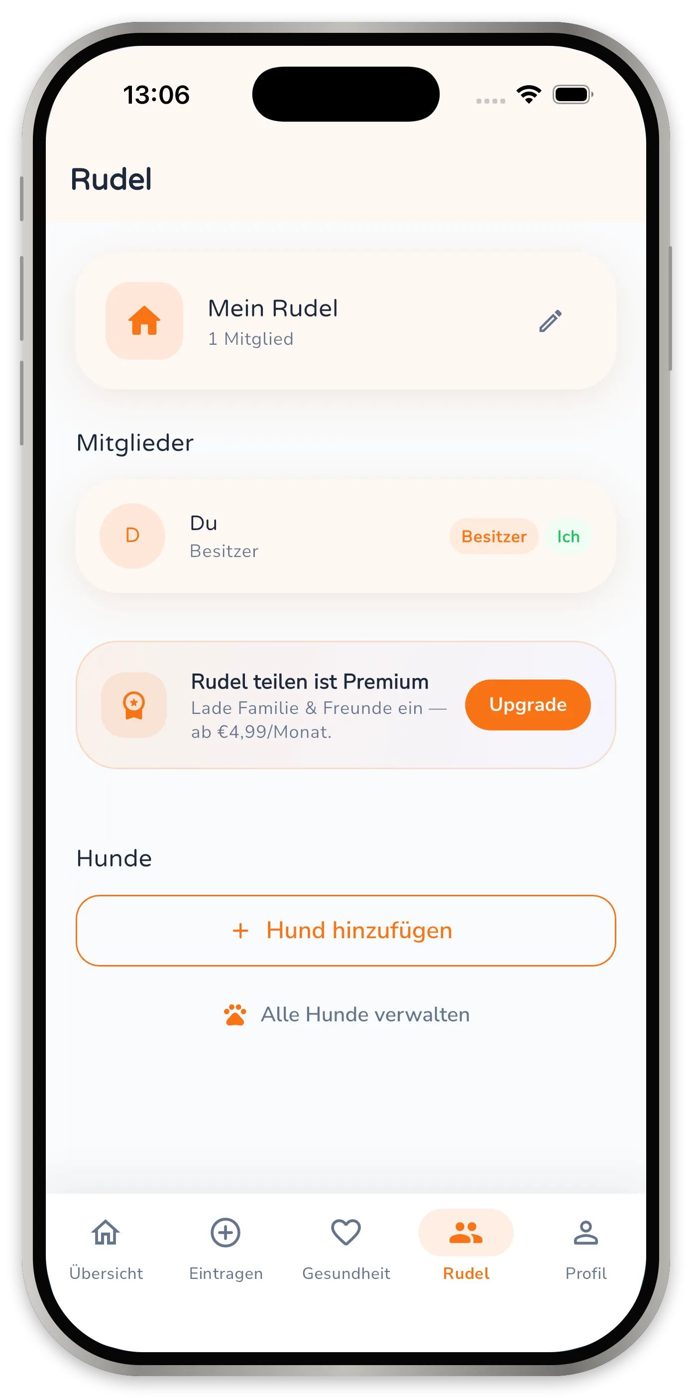 Rudel-Bildschirm mit dem Haushaltsnamen, der Mitgliederliste und dem Premium-Hinweis zum Einladen.
