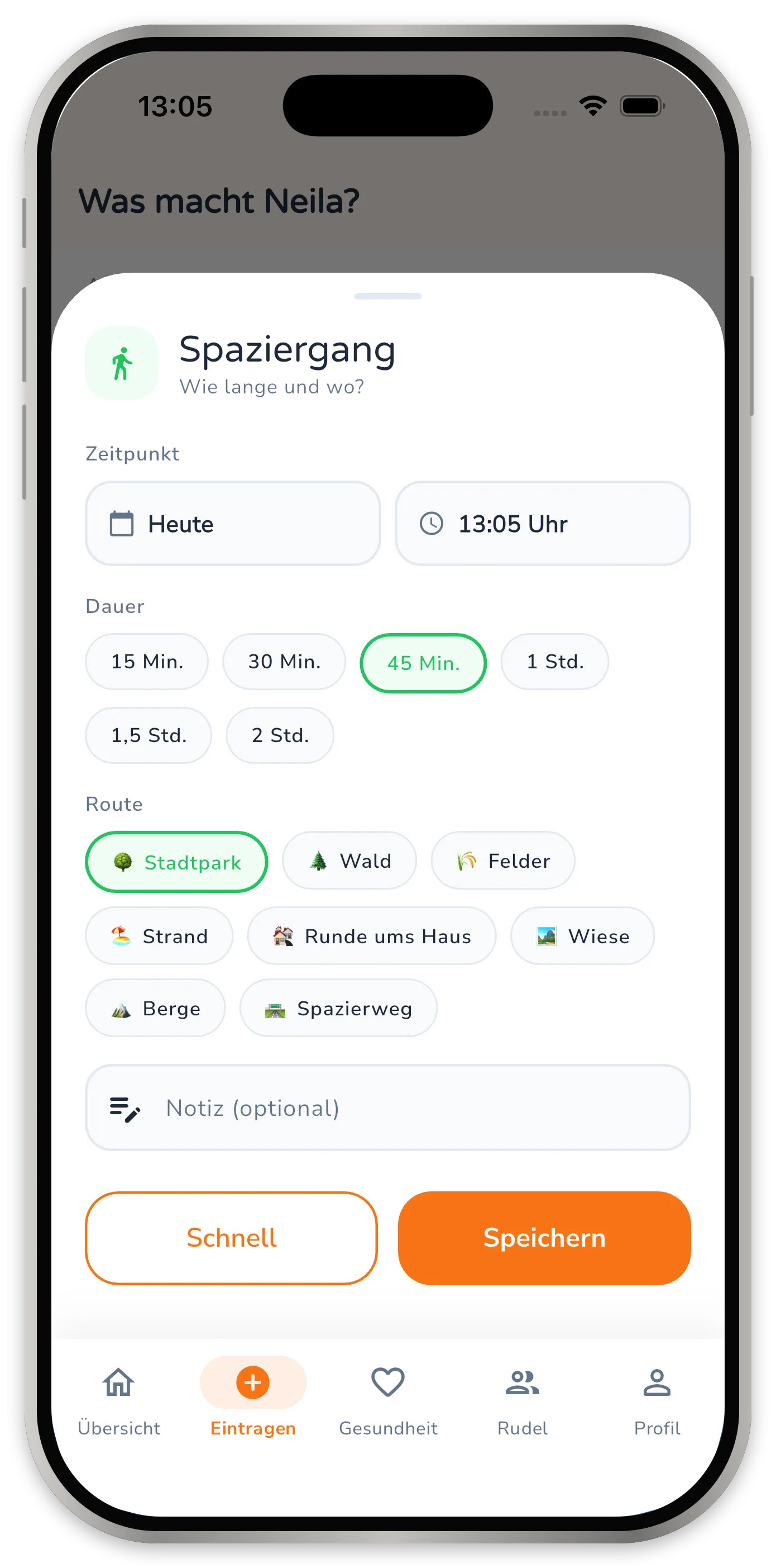 Eingabefenster für einen Spaziergang mit Auswahlfeldern für Dauer und Route sowie einem Notizfeld.